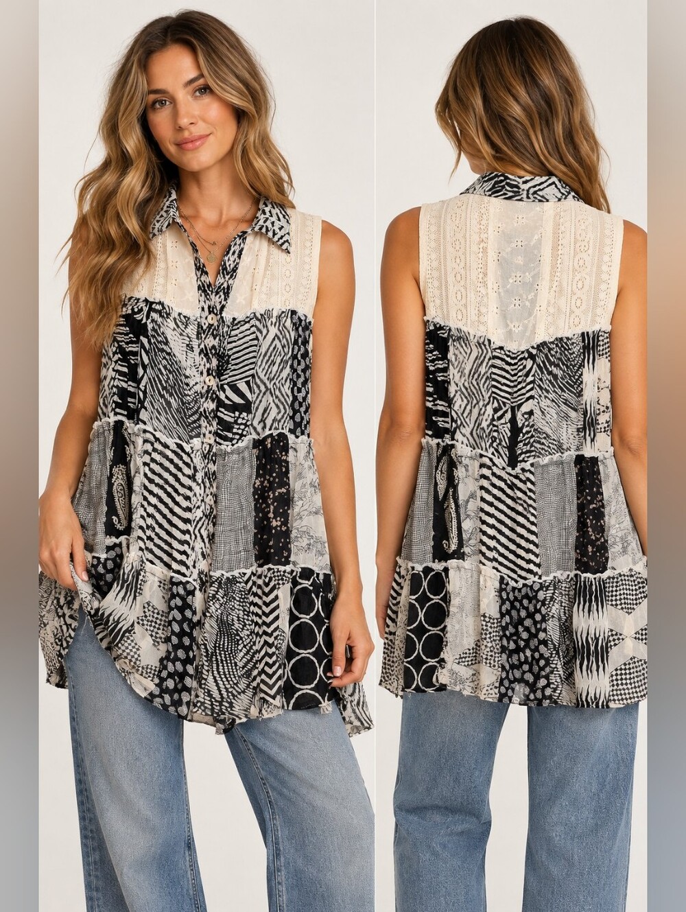 Young Threads XL Monarch Patchwork Boho Sleeveless Button Front Tunic Top NWT